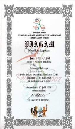 Piagam Juara III 1Ban PON XVIII Thn 2008