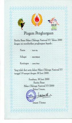 Piagam Penghargaan PON XV tahun 2000