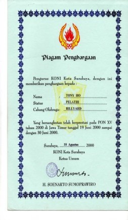 Piagam Pengurus KONI Sebagai Pelatih PON XV 2000