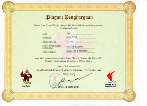 Piagam PON XIV th 1996 Juara III English Billiard